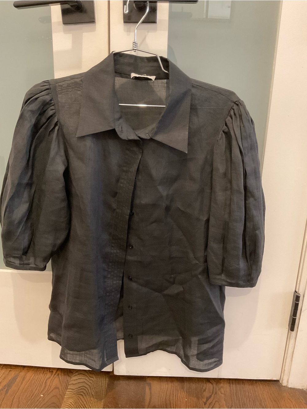 Sandro Black linen Puff-Sleeve Button-Down Shirt